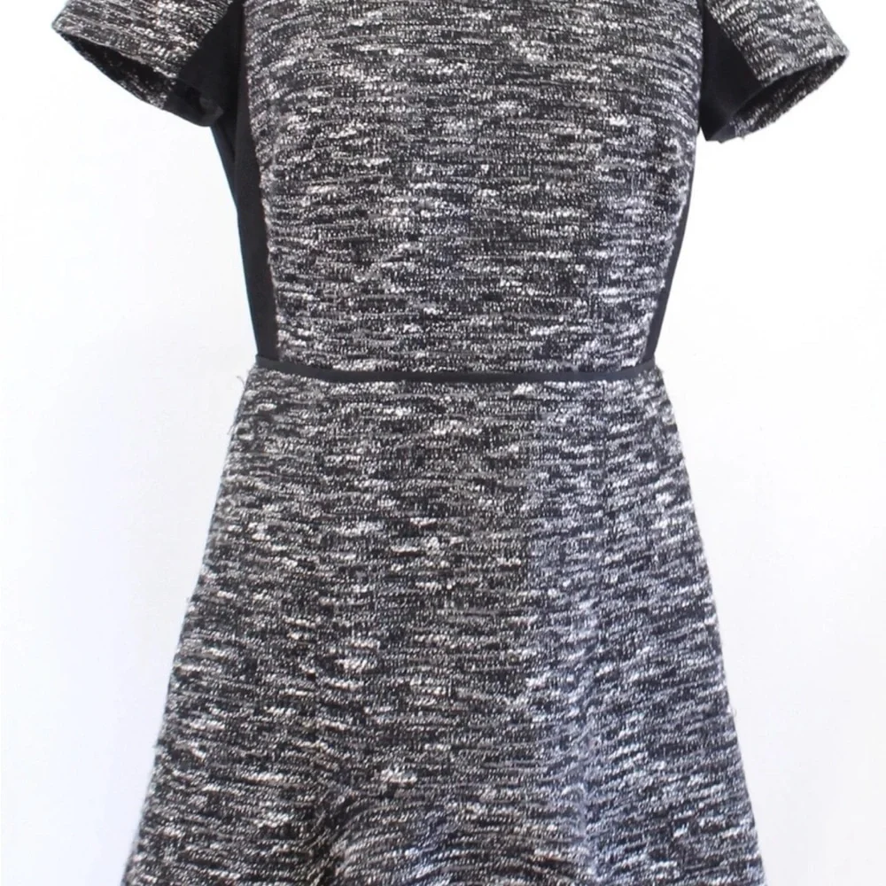 J Crew Black Gray White Mixed Tweed Panel Fit and Flare Flounce Dress Size XXS